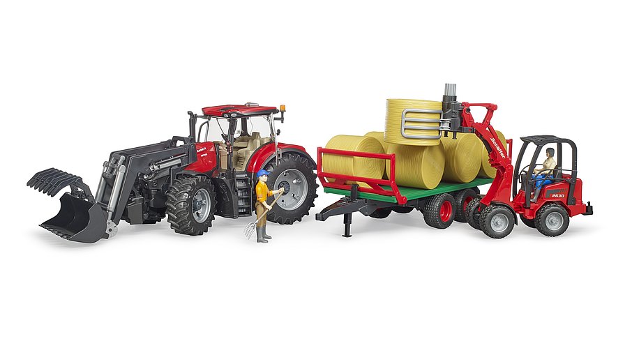 Bruder Case Ih With Frontloader, Trailer & 8 Bales