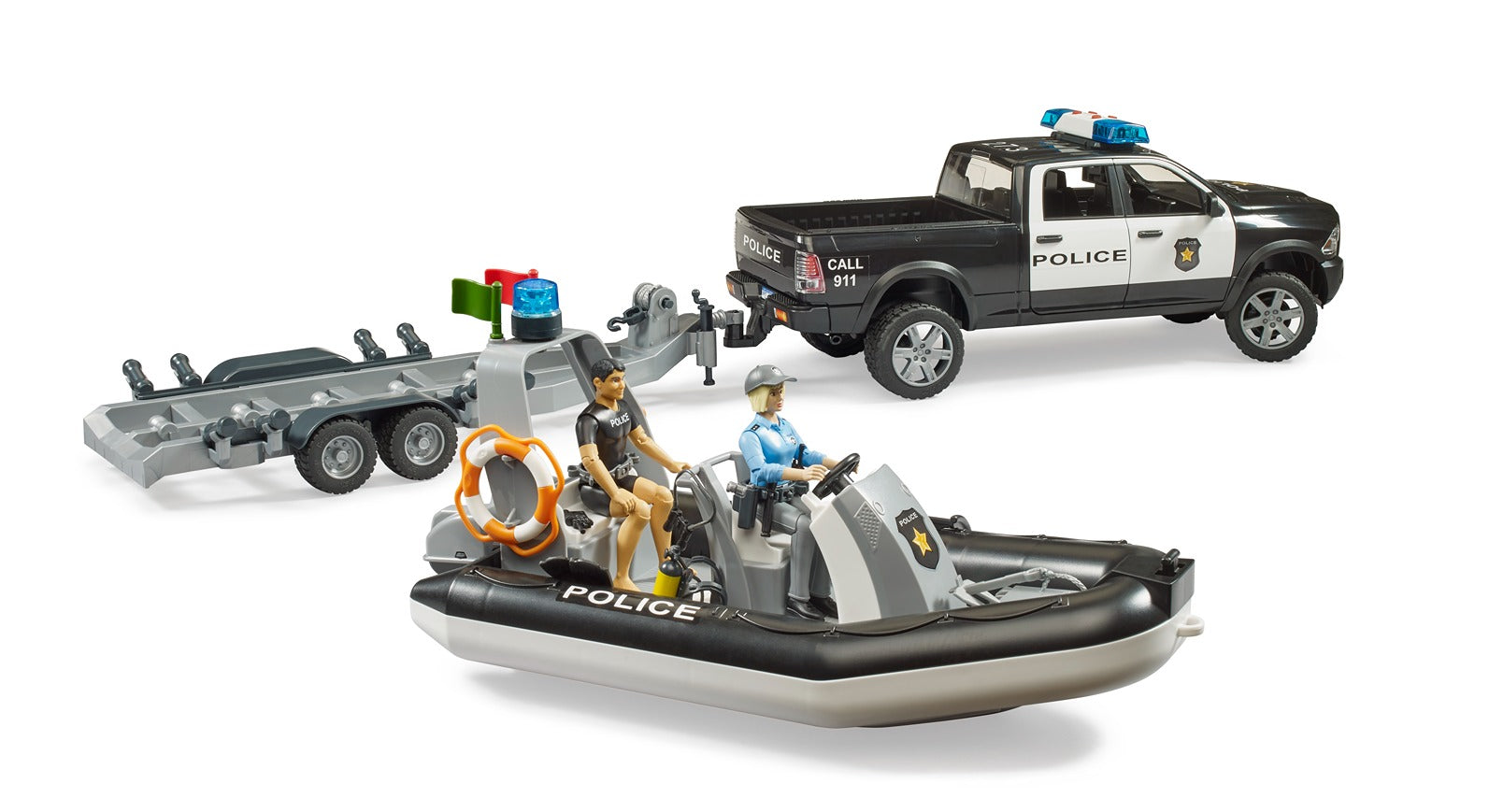 Bruder Ram 2500 Police Pickup W/Trailer & Boat